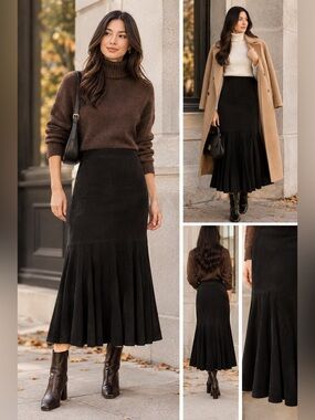 90s / Y2K Black Suede Leather Maxi Skirt with Flowing Drapes Small